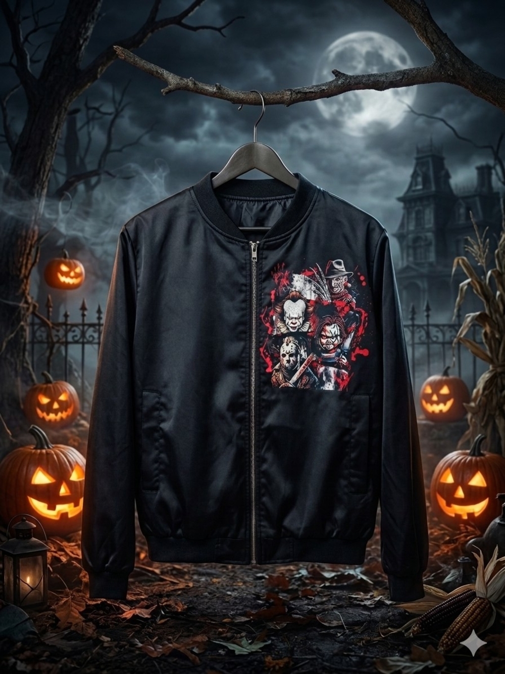 Black Bomber Jacket with Horror Graphic